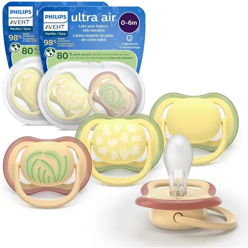 Philips Avent Ultra Air Pacifiers - Orthodontic Design, for Babies 0-6 Months, Soft Silicone Symmetrical Nipple, BPA-Free, 2 Sterilizing Cases, 4 Pack, SCF087/21