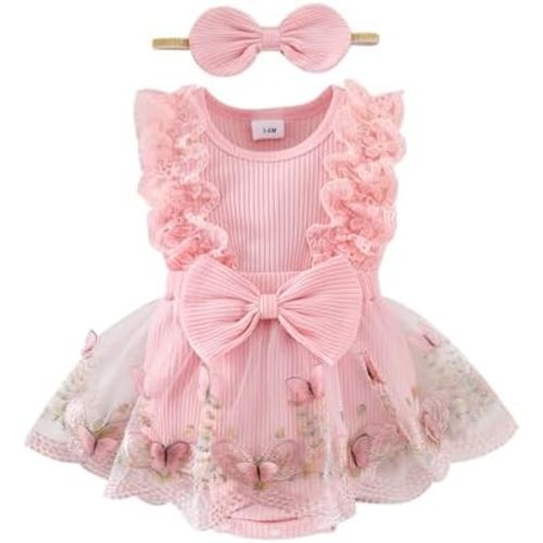 Baby Girl Clothes Infant Summer Outfits Cute Butterflies Mesh Ruffle Sleeveless Romper Headband Set 0-12 Months