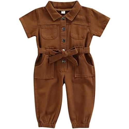 Mubineo Toddler Baby Girl Summer Fall Basic Plain Short Sleeve Cotton Linen Drawstring Romper Jumpsuit