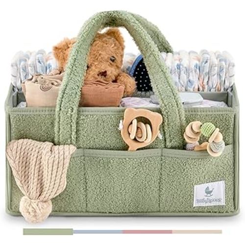 Babylicious Baby Diaper Caddy Organizer | Changing Table Organizer for Wipes and Diapers | Teddy Diaper Organizer for Changing Table | Newborn Essentials Must Haves for Parents - Sage Green