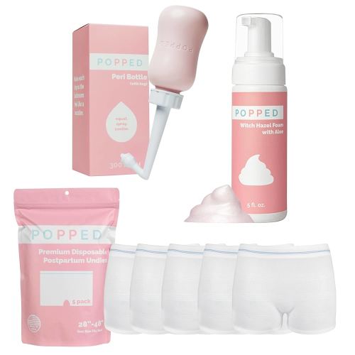 Popped Peri Bottle, Witch Hazel Foam, and Disposable Underwear (5 Pack) | Postpartum Essentials Bundle