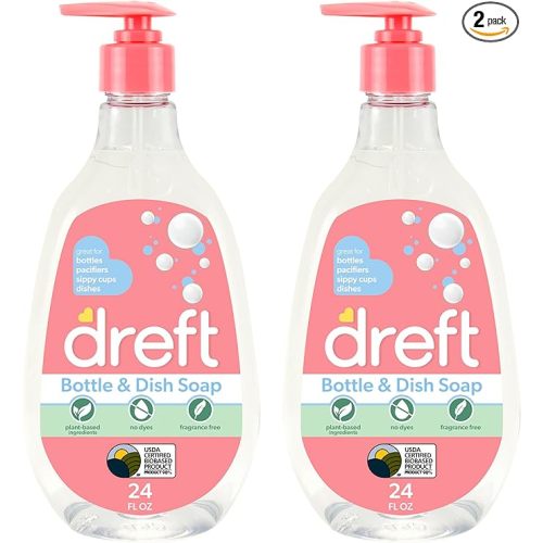 Dreft Baby, Bottle and Dish Soap, Removes Milk Film & Odor, Plant Based, Fragrance Free, Travel Size Bottles, 24 Fl Oz (Pack of 2)