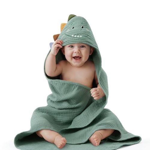 Blissful Diary Muslin Baby Hooded Towel, Soft and Absorbent Bath Towel for Newborn, Infant, Toddler, Unisex, 32″x32″ - Roguish Dino