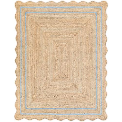 Jute Wave Scalloped Boho Jute Rug, Sky Blue (6'x9'), Runner, Geometric Pattern, Beige, Rectangular, Indoor, Hallway