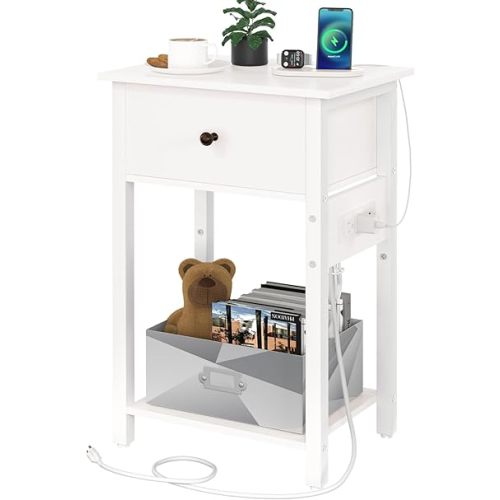 Yoobure Nightstand with Charging Station, Bedside Tables with Large Drawer and Storage Shelf, Bed Side Table/Night Stand with USB Ports & Outlets, Industrial Side Table End Table for Bedroom, White