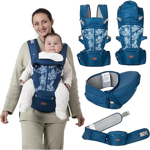 BabbleRoo 6-in-1 Baby Carrier with Hip Seat, Ergonomic, Cozy & Adjustable Toddler Carrier 7-50 lbs with Hip & Lumbar Support, Hood for Sun Protection, Baby Carrier Newborn to Toddler, Denim Leaves