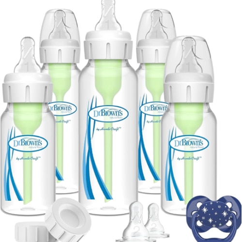 Dr. Brown's Natural Flow Anti-Colic Options+ Narrow Baby Bottle Gift Set with Advantage Pacifier, and Bottle Travel Caps