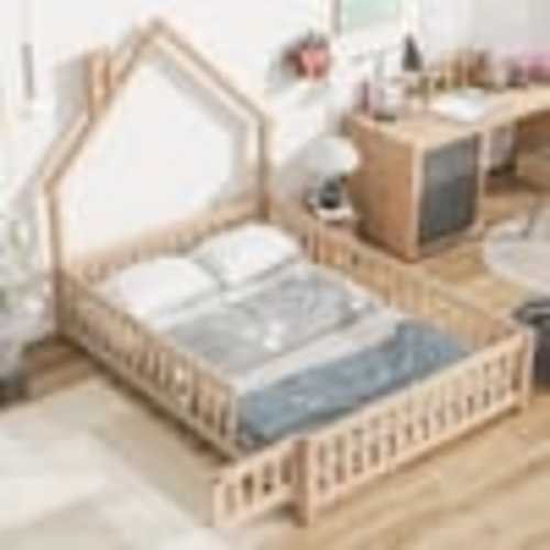 Harper & Bright Designs Natural Wood Frame Full Size House Platform Bed, Floor Bed with Chimney and Roof Design, Fence Guardrails with Door GCCPXQ119482