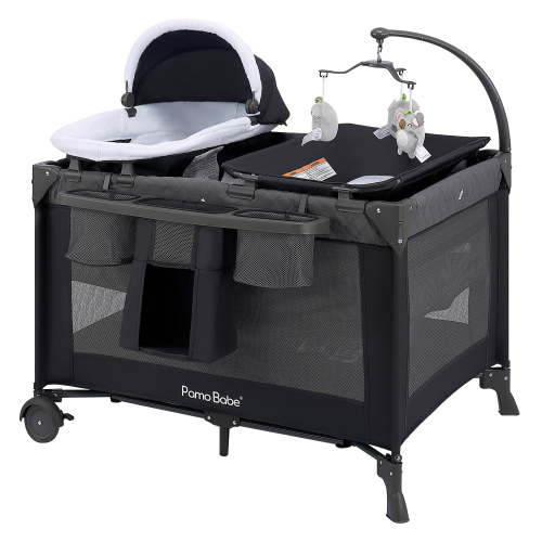 Pamo Babe Unisex Nursery Center Playard with Bassinet & Changing Table for Newborn,Grey