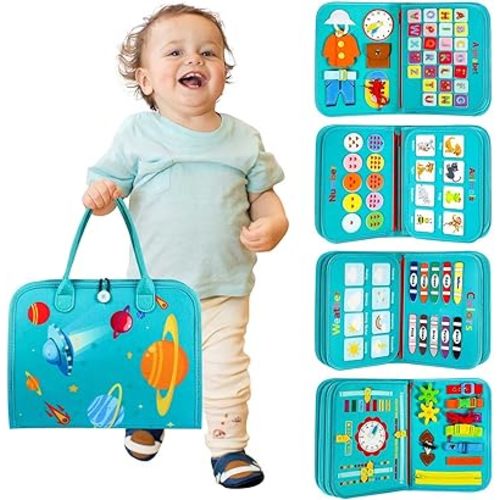 Toddler Busy Board - Montessori Toys for 1-3 Year Old Boy Birthday Gift, Educational Learning Sensory Busy Book for Two Year Old Boys, Airplane Car Travel Activities Toy for Kids Ages 2-4