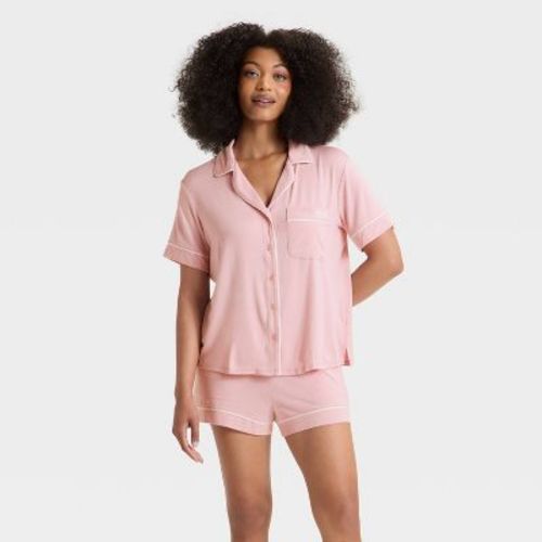 Women's Cloud Knit Short Sleeve Notch Collar Shirt and Shorts Pajama Gift Set - Auden™ Blue/Roses XL: Modal Jersey, Botanical Pattern