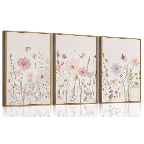 3 Piece Framed Floral Wall Art, Pink Wildflower Nursery Decor Bedroom 12x16 | Pink Wildflower Pictures Wall Decor, Watercolor Botanical Canvas Prints for Baby Girl Nursery and Living Room, Ready to Hang