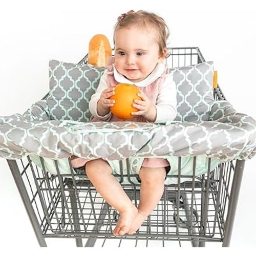 2-in-1 Cushy High Chair Cover and Shopping Cart Cover for Baby, Comfortable Cover for Grocery Cart, Universal Fit Cart Cover for Babies, Includes Storage Pouch - Grey/Aqua