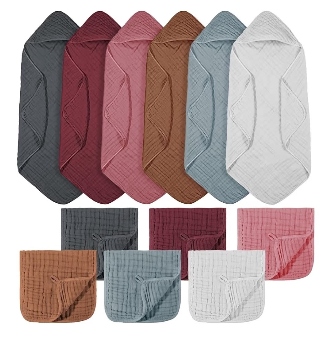 VitalCozy 12 Pcs Baby Muslin Hooded Bath Towels and Washcloths Muslin Cotton Hooded Baby Towels Absorbent Blankets for Gift Newborn Infant Shower (32 x 32 Inch,Multicolor)