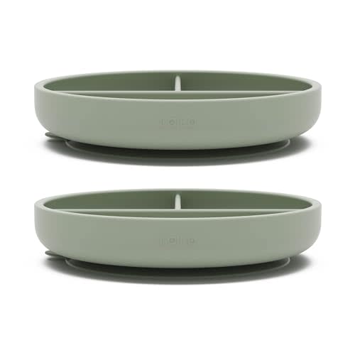 Lalo Suction Plates - 2 Pack, 100% Silicone Non-Toxic BPA-Free Baby Plates with Suction Base To Prevent Accidental Tip-Overs - Suction Plates for Toddlers With Three Divided Sections - Sage