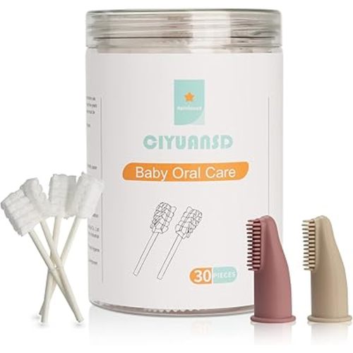 Baby Tongue Cleaner Baby Toothbrush 30Pcs Disposable Infant Toothbrush Clean Baby Mouth with 2Pcs Finger Toothbrush Baby Oral Cleaning Stick Gauze Cleaner Stick Dental (beige, 32 Piece Assortment)