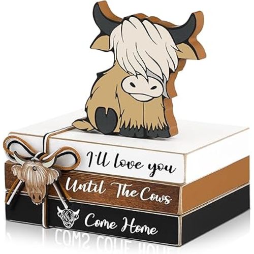 Yookeer 4 Pieces Highland Cow Tiered Tray Decor Mini Wood Book Stacks Table Decorations Highland Cow Wooden Book Rustic Farmhouse Table Sign for Home Room Mantle Fireplace Shelf