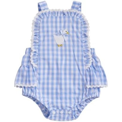 Newborn Baby Girl Clothes Gingham Goose Lace Bow Ruffle Romper Sleeveless Backless Bodysuit Infant Farm Outfit