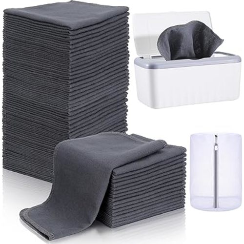 Mixweer 84 Pack Flannel Cloth Baby Wipes with Dispenser Soft Natural Unbleached Baby Face Wipes Reusable Baby Wipes for Cloth Diapers, 8 x 8 Inch Each(Gray)