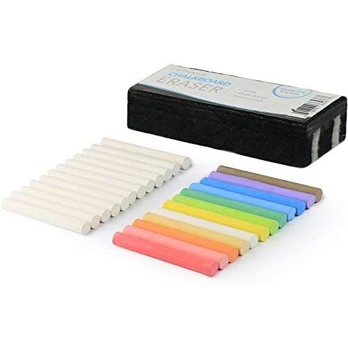 Kedudes Non-Toxic White Dustless Chalk (12 ct box) and Colored Dustless Chalk (12 ct box) Bundle + Premium Chalkboard Eraser - 1 Pack
