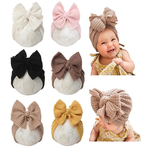 Esumun Baby Girls Hair Bow Turban Hat 6PCS Set, Top Bowknot Head Wrap Beanie India Caps for Infant Toddlers