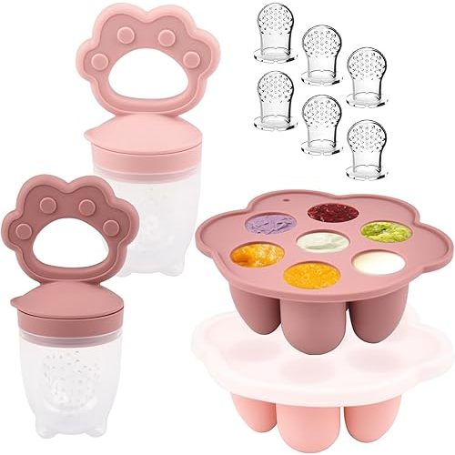 Ginbear Silicone Baby Fruit Food Feeder & Freezer Tray Set of 2, Infant Feeder Pacifiers with 6 Extra Pouches, Baby Popsicle Molds Combo 4 Months+ (Mauve/Baby Pink)
