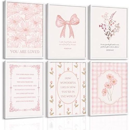 6Pcs Pink Christian Wall Art Bible Verse Floral Painting Picture Wall Decor Coquette Bow Scripture Poster Print Artwork Inspirational Jesus Posters for Girls Bedroom Dorm Nursery Living Room Unframed