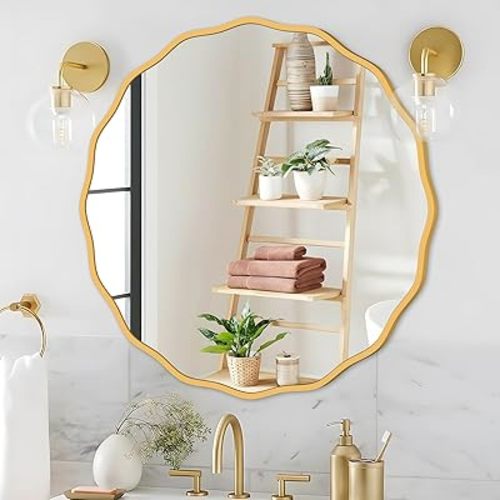 Gold Round Mirror for Wall Decorative 24 inch Modern Wavy Mirror Whit Wood Frame Circle Wall Mirror for Bathroom Bedroom Living Room Home House Office Entryway