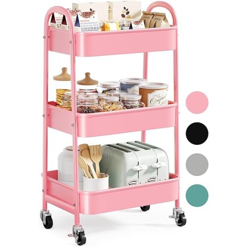 3 Tier Rolling Cart Metal, Three Tierd Craft Cart with Lockable Wheels, Pink Utility Art Cart Organizer on Wheels, Heavy Duty Storage Carts for Baby Diaper, Snack, Book, Bathroom,Kitchen