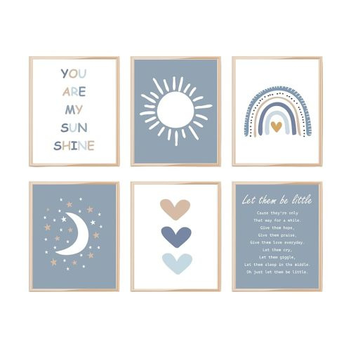 Baby Boy Boho Blue Wall Art Prints - Nursery Decor - Set of 6-8x10 - Boho Neutral nursery Room Pictures for Baby Kids - Unframed