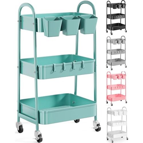Premium 3 Tier Green Metal Rolling Cart with Lockable Wheels & Handle, 3-Tier Utility Storage Organizer for Teachers, Craft, Snack, Book, Diaper and Easy Assembly Cleaning Supplies