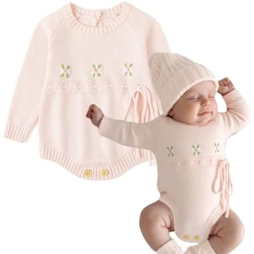 Simplee kids Baby Girl Sweater Romper, Long Sleeve Lace Trim Neck