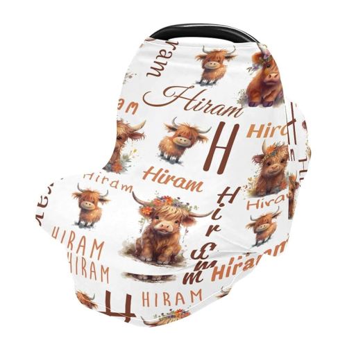 Personalized Highland Cow Baby Car Seat Cover for Boys Girls, Customized Baby Multi Use Carseat Cover with Monogram Name, Nursing Cover Breastfeeding Scarf Stroller Canopy for Newborn Infant