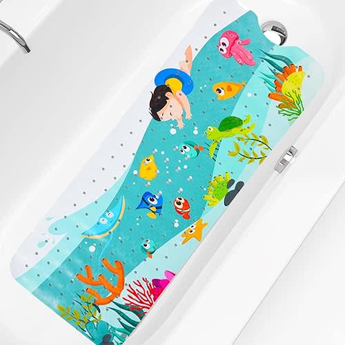 Bath Mat for Tub for Kids Non Slip Baby Bathtub Mat Long 40X16 Inch Bathroom Anti Skid Toddler Shower Mat with Suction Cups, Drain Holes,Sea World