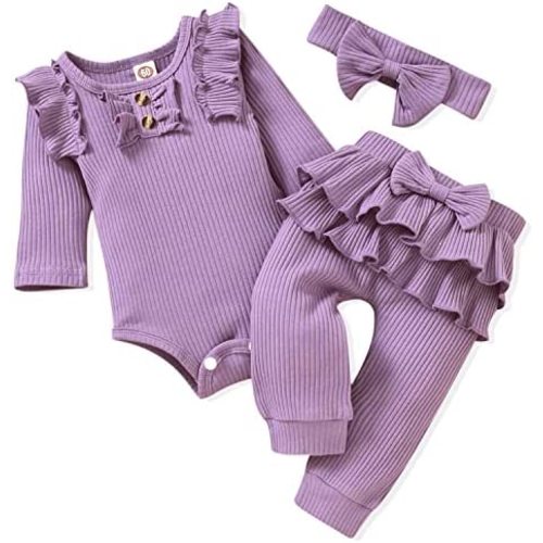 Aalizzwell Preemie Newborn Infant Baby Girls Clothes Ribbed Bodysuit Pants Set Fall Winter Outfits