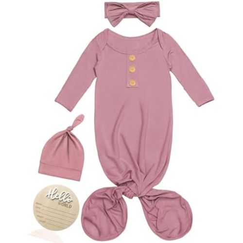 Baby Noah Newborn Knotted Gown, Ultra-Soft Silky Long Sleeve Sleeper, Unisex Coming Home Outfit Set With Wooden Name Sign