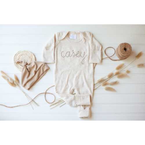 Personalized oatmeal and taupe vintage stitch romper with bow or hat, custom gender neutral coming home outfit, baby shower gift