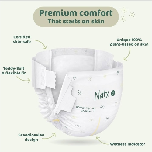 Naty BioEmbrace Baby Newborn Diapers | Sensitive Skin Safe Certified | Leak Protection up to 100% | Plant-Based Teddy Softness, Premium Comfort | Chlorine-Free | Size 2 (6–13 lbs), 33 Count