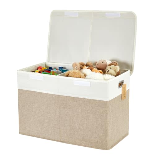 Large Toy Storage Box with Lid, Collapsible Toys Storage Organizer Bins with Dividers and Handles, Storage Chest Bin for Kids, Boys, Girls, Nursery 25"x13" x16" (Beige & White)