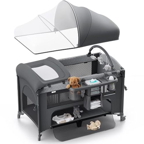 4 in 1 Baby Bassinet, Pack and Play, Bedside Crib Sleeper, Diaper Changer - Comes with Mattress, Mosquito Net, Bottom Storage and Toy Bar for Newborn to Toddles