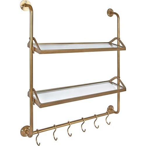Kate and Laurel Marit Modern Industrial Wall Shelf with Metal Pipe Supports and Glass Shelves, Gold