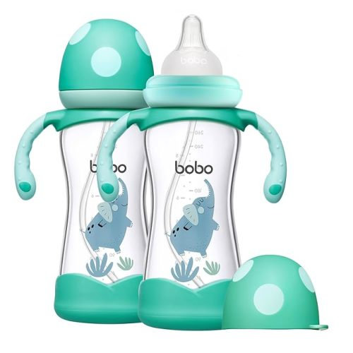 YOHKOH Natural Glass Baby Bottle with Natural Response Nipple, Wide Neck Baby Bottles with Handle, Newborn Anti-Colic Baby Bottles Gift Set, Clear (8.8oz (Pack of 2), Blue)