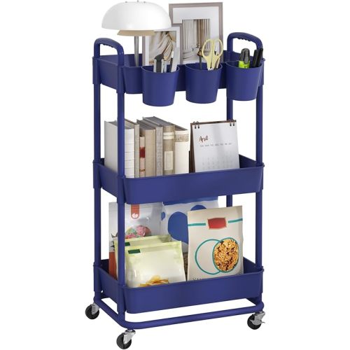 JIUYOTREE 3-Tier Plastic Rolling Storage Cart Utility Cart with Extra Hanging Cups Handles Lockable Wheels for Living Room Bathroom Kitchen Office Blue