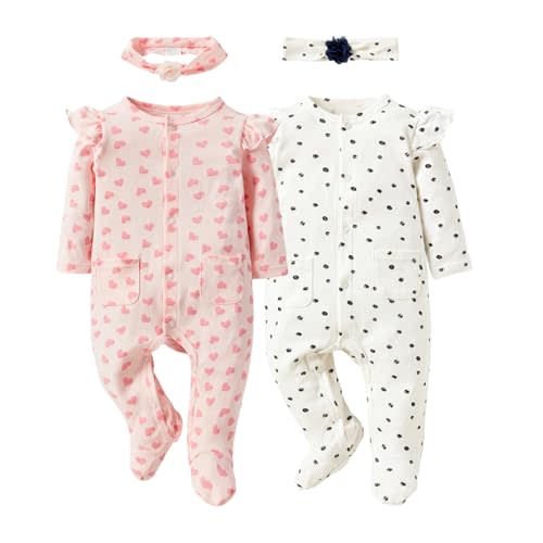 Minicoco Baby Girls 2-Piece Romper and Headband Set- 100% Cotton Snap Closure Outfit for 0-12 Months