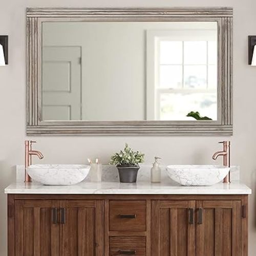 YOSHOOT Hand-Made Wooden Spliced Wall Mirror for Bathroom, Rustic Farmhouse Vanity Mirror, Décor Wall Art, Solid Wood Frame, Vertical or Horizontal Hanging