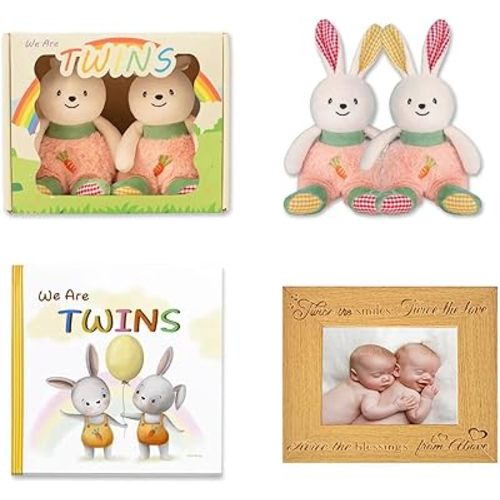 Twin Baby Gifts for Boy and Girl Twin Babies Items Essentials Storybook/Plush Rabbit Rattle 2-Piece Set(with Photo Frame)