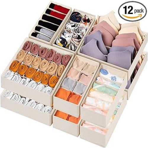 12 Pack Baby Clothes Organizer for Nursery, 116 Cells Fabric Foldable Dresser Closet Organizers and Storage Bins for Clothing, Women Men Underwear Socks, Bra, Ties, Scarf, Belt, Hair Accessories - Beige