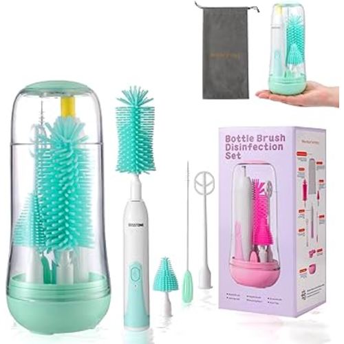 Electric Bottle Brush Cleaner, Travel Baby Bottle Silicone Brush, Rechargable Baby Bottle Cleaner Set (4PCS), Bottle Brush, Nipple Brush, Straw Brush and Mixing Head (Green)