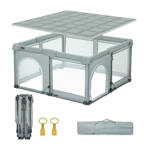 Foldable Playpen with Detachable Thicken Mat,50x50 Inches Portable Playpen,Collapsible Play Pen for Babies and Toddlers,Indoor & Outdoor Baby Fence Play Area,Cold Gray