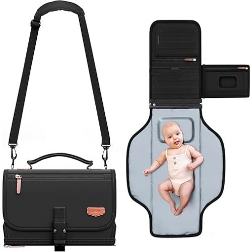 Portable Diaper Changing Pad for Baby, Detachable Travel Changing Pad with Baby Wipes Pocket, Gifts for Baby Shower, Newborn Girls and Boys (Black)